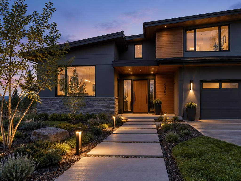 A modern home at dusk with lit walkway