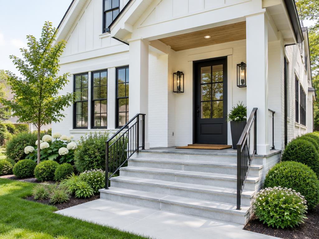 A white home with porch steps and handrails