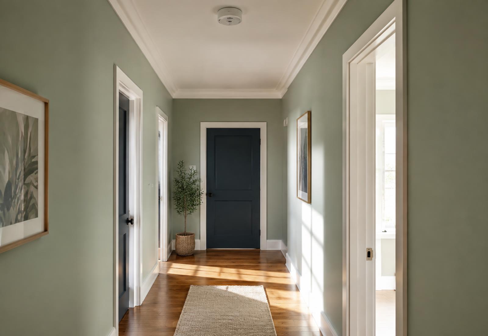 A bright hallway with a ceiling smoke alarm