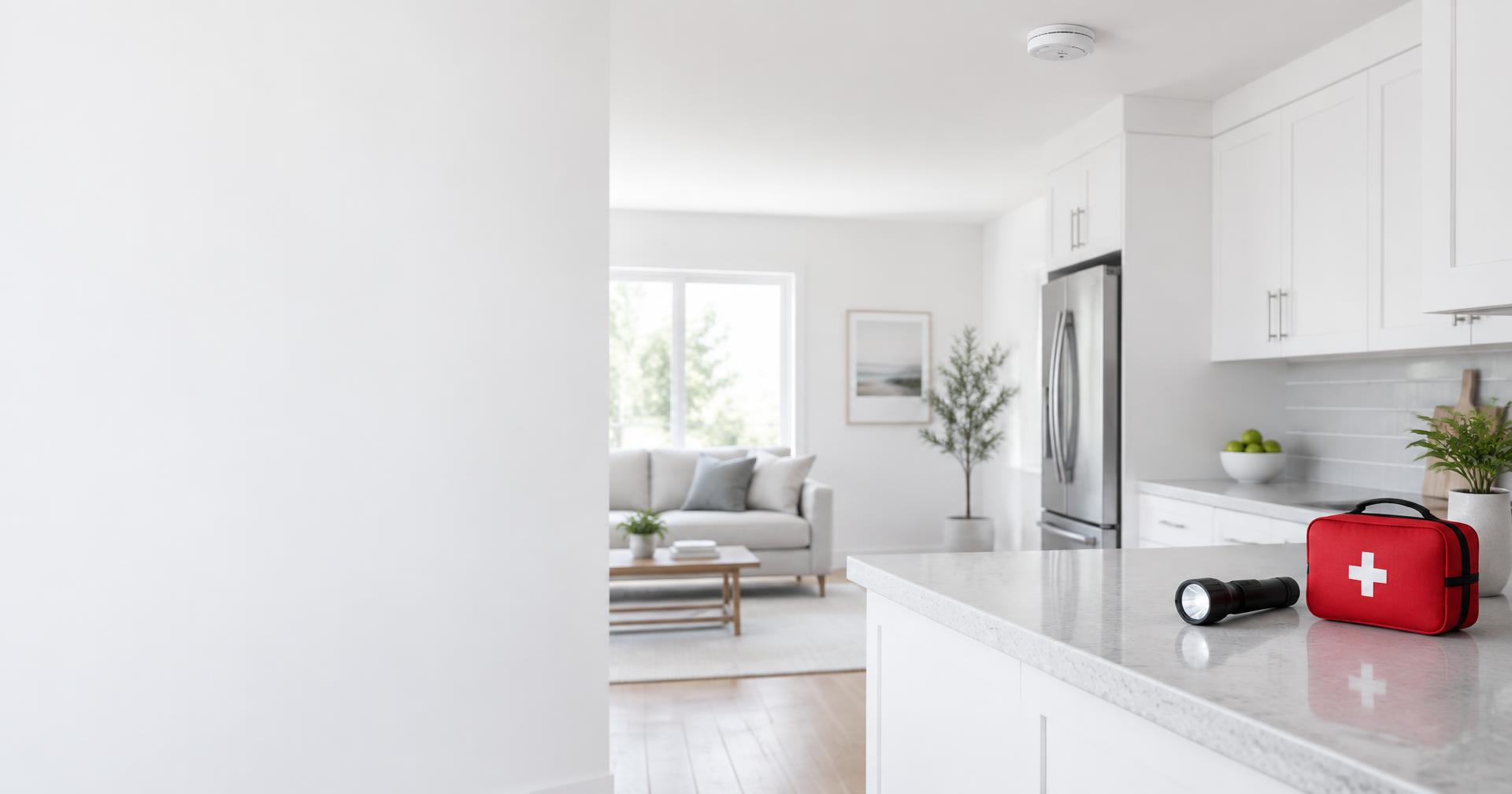 A bright white kitchen with a ceiling smoke alarm, flashlight, and first aid kit